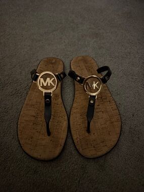 Michael Kors Black and Gold MK Logo Cork-Style Thong Sandals